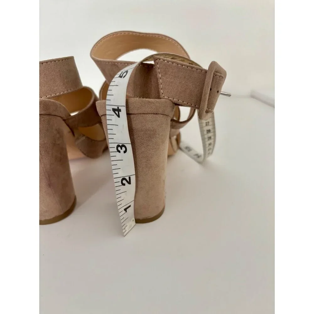 Taupe Faux Suede Sandals 10 Strappy Block Heel Ankle Wrap Quiet Luxury Boho Glam - Picture 9 of 14